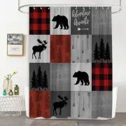 Retro Rustic Cabin Shower Curtain Red Black Buffalo Check Bear Moose Deer Elk...