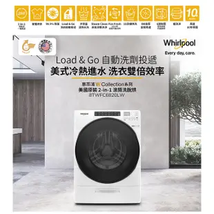 美國Whirlpool W Collection 17公斤蒸氣洗脫烘滾筒洗衣機 8TWFC6820LW 含安裝+回收舊機