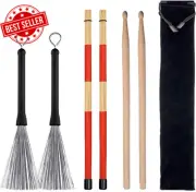 Drum Sticks Set,5A Maple Wood Drum Sticks 1 Pair, Retractable Drum Wire Brushes