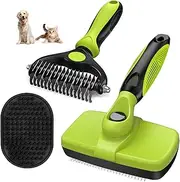 Augwind 3PCS Self Cleaning Slicker Brush & Pet Grooming Rake & Bath Brush for Dogs and Cats | Skin Friendly Deshedding Grooming Tool & Double-Sided Dematting Tool | Premium Pet Supplies (Green Black)