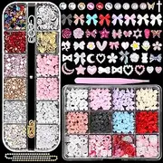 3D Nail Charms and Nail Rhinestones, Multi Color Bow Moon Heart Star Nail Art Charms, Flatback Pearl Nail Jewels and Colorful Crystal Gems, Alloy Nail Gems for Nails DIY Art Supplies Accessories