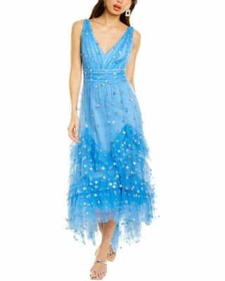 Marchesa Notte Sequin Dot Midi Dress Women's Blue 10