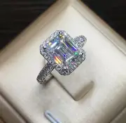 3 Ct Emerald Cut Real Moissanite Halo Engagement Ring in 925 Sterling Silver