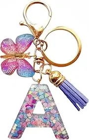 [SANLONGXL] Cute Initial Letter Keychains for Women Girls Tassel Butterfly Pink Purple Green Keychain for Backpack School Bag