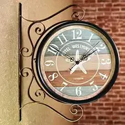 Outdoor Garden Wall Clock, Classical 360°Rotation Double Sided Train Station Clock with Station Bracket Garden Clock Indoor Outdoor Decoration Waterproof Outdoor Clock