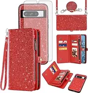 [Asuwish] Phone Case for Google Pixel 8 Pro 5G Zipper Wallet Detachable Cell Cover with Tempered Glass Screen Protector Lanyard Wrist Strap Flip Card Holder Pixel8Pro Pixel8 XL Eight 8Pro Women Men Red