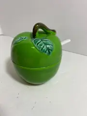 Vintage Green Apple Ceramic Condiment Jam Jar with Spoon Lego Japan Sugar Honey