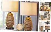 Touch Control Rattan Table Lamps, 3 Way Dimmable Bedside Lamps for Bedroom Set