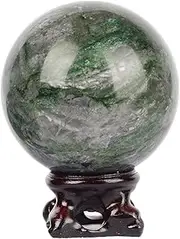[LRHEAIN] Natural African Emerald Green Crystal Sphere Ball with Stand Polished Round Gemstone Decoration Reiki Energy Feng Shui Home Desk Decor,65~70mm