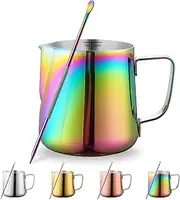 Kyraton Milk Frothing Pitcher 12oz - 350ml, Stainless Steel Espresso Steaming Pitchers with Decorating Pen,Milk Coffee Frother Cups Cappuccino Latte Art Barista Steam Pitchers Milk Jug Cup (Rainbow)