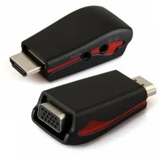 【UniSync】HDMI公轉VGA母/3.5mm高畫質影音鍍金轉接頭/附電源孔 黑
