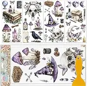 GLOBLELAND 4 Sheets Colorful Witchcraft Rub on Transfers Magic Plants Furniture Decor Transfers Mushrooms Skulls Books Decal Transfers Stickers for Bedroom Living Room Desk Table Decoration