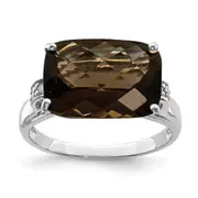 Sterling Silver Rhodium Checker-Cut Smoky Quartz u0026 Natural Diamond Gemstone Birthstone Ring Fine Jewelry Gift for Her
