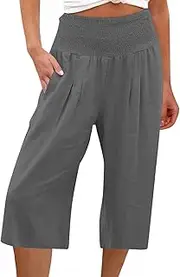 [Generic] Womens Summer Linen Pants Elastic High Waist Yoga Pants Loose Lightweight Comfy Causal Trousers with Pockets 2025
