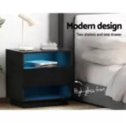Artiss Bedside Tables 2 Drawers Side Table RGB LED Gloss Nightstand Black HANA