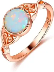 [GEMSME] 925 Sterling Silver Ring for Women 14K Rose Gold Plated 7MM Round Cut Created Opal White Opal Band Rings Braided Engagement Promise Ring Jewelry Size 5-10