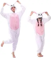LOBUJOU Animal Hooded Onesie Costume for Kids Adults Boys Girls Halloween Easter Cosplay Outfit Kit White Pink Rabbit
