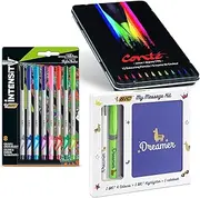8x BIC Intensity Felt Tip Pens & 12x Conte Colouring Pencils Bundle with My Message Dreamer Kit, Multi-Coloured Fineliners, Wood-Free Pencils in Tin, 4 Colour Pen, Highlighter & Notebook
