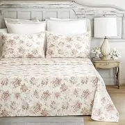 DaDalogy Bedding 100% Cotton Cottage Roses Floral Cotton Flat Sheet Only - Vintage Shabby Chic Pink Flower Blossoms Multi-Colorful Bed Cover with 2 Pillow Cases - Queen Size - 3-Pieces