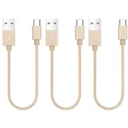 3 Pack 20cm Short Data Transfer Charger Charging USB Type C Phone Tablet Cable Cord Bulk Braided Gold Nylon