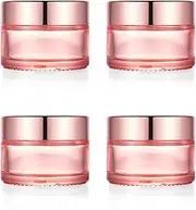 [Furnido] 4 Pack,1 oz/30ml Pink Glass Face Cream Jar Pot,Empty Thick Glass Cosmetic Cream Jar Container With Rose-Golden Cover,Inner Liners for Moisturizer,Eyeshadow,Makeup Emulsion