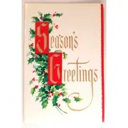 Garrison Christmas Greeting Card "Season's Greetings" Gold Script Holly Vintage
