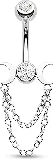 [CM Crareesi Mania] Moon Phase Belly Button Piercings Dangling Double Chain 14 Gauge Opal/CZ Belly Button Piercing 316L Stainless Steel Belly Button Piercing Jewellery for Women