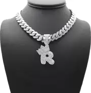 Silver PT Bubble Alphabet R Pendant 16" ~ 24" Iced Cuban Box Lock Chain Necklace