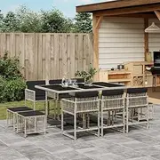 11 Piece Garden Dining Set with Cushions, All Weather Patio Furniture Set for Backyard Garden Deck Poolside, Light Grey Poly Rattan