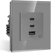 CNBINGO Glass 65 W USB Quick Charge - 3 x USB Ports (65 W Fast Charging) - 2 x Type C and 1 x USB-A - USB Quick Charge Flush-Mounted - 86 x 86 mm Grey