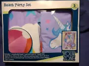New Beach Party Boxed Set 3pc Towel Swimsuit Sack Beach Ball Unicorn Purple NIP