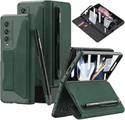 [DEMCERT] for Samsung Galaxy Z Fold 4 5G with S Pen Slot,Military Armor Cases Full Body Protective Anti-Scratch Hard Slim Leather Bracket Case with Screen Protector for Galaxy Z Fold 4 5G (Green)