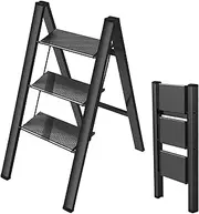 3 Step Ladder,Folding Step Stool with Anti-Slip Pedal,Ladders for Home,Collapsible Ladder,Step Stools for Adults,Kitchen Step Stool,Folding Ladder,Portable Sturdy Steel Ladder for Adults,Black