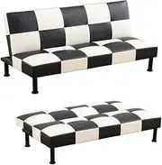 Eclatify 1PCS Faux Leather Futon Convertible Sofa Bed，Sleeper Convertible 2 in 1 Folding Couch with Metal Legs for Small Space Apartment Loveseat with Adjustable Backrest，Black&White