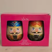 Lolita Nutcracker Set of 2 Holiday Handpainted Wine glasses NIB