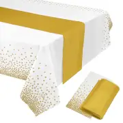 Gold Table Runner w White Plastic Tablecloth 54x108" Gold Dots 1Set