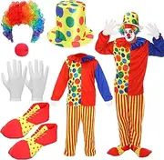 Funtery 6 Pcs Adult Clown Costume Red Clown Nose Shoes Hat Rainbow Clown Wig and Gloves for Men Women Cosplay