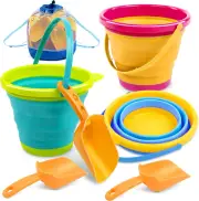 JOYIN 3 Packs Foldable Pail Bucket with Shovels & Mesh Bag, Collapsible Buckets