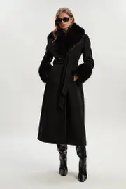 Wool Blend Detachable Faux Fur Belted Midi Coat