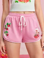 Women's Strawberry Shortcake Pink Sleepwear Loungewear Active Drawstring Shorts