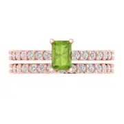 1.41 Emerald Round Cut Natural Peridot Promise Bridal Band set 14k Rose Gold