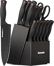 Astercook 15 Piece Knife Set with Sharpener Block - German Stainless Steel, Dishwasher Safe Kitchen Knives with Built-in Sharpener, Black