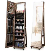 Giantex 3-in-1 Mobile Jewelry Cabinet LED Light Lockable Jewelry Organiser Full-Length Mirror w/Adjustable Shelves Rustic Brown
