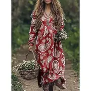 Women's Maxi Dress A Line Dress Vacation Casual Boho Going out Beach Loose Fit Floral Graphic Paisley Long Sleeve V Neck Red Blue Green Gray Summer Spring