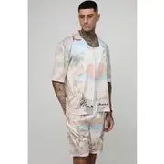 Mens Light Pink Tall Oversized Half Sleeve Palm Tree Printed Satin Shirt & Short Set
