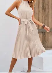 Kirundo Halter Neck Pleated A-Line Flowy Dress Beige Size Small NWT