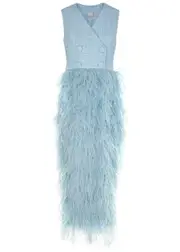 Huishan Zhang Zelda Feather-embellished Tweed Dress - Blue - 8 8