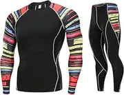 [GUANYUA] Men Fitness Workout Clothing Men's Compression Skin-Tight Long Sleeves Quick Dry Fitness Sports Shirt + Pants Tracksuit 2pcs-L