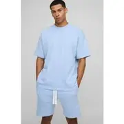 Mens Light Blue Oversized Cross Applique T-Shirt & Short Set