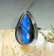 Natural High Grade Blue Flash Labradorite Sterling Silver Ring Size 6 6gr AM03